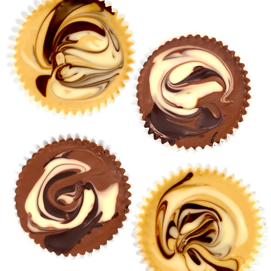 Tiger Butter Cups Group Photo Showing 2 Milk Chocolate and 2 White Chocolate Flavors